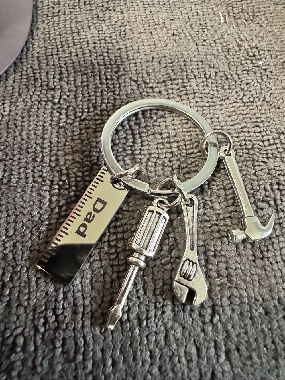 Silver Tool Charm Keychain with 'Dad' Ruler Tag